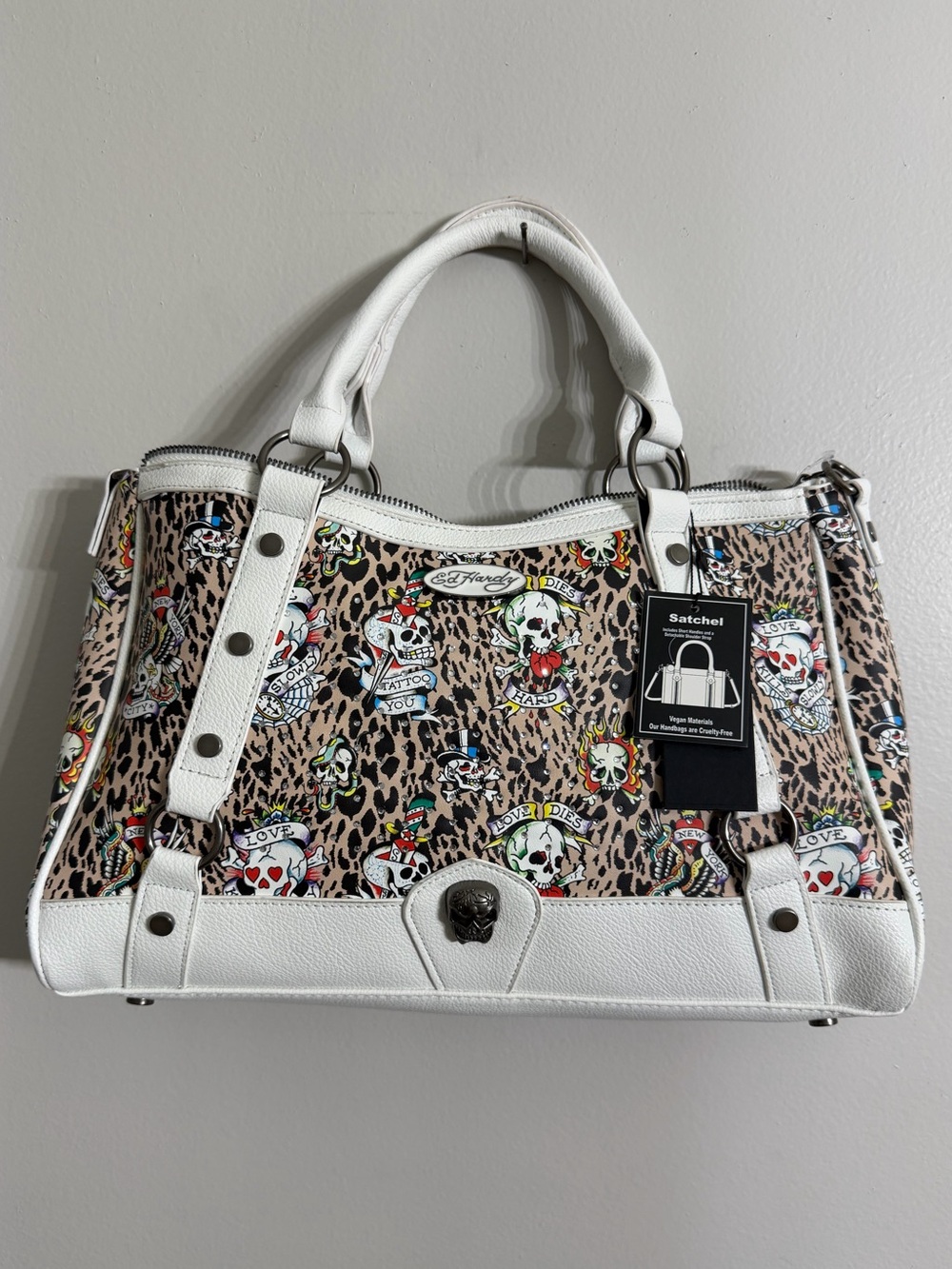 Ed Hardy Rhinestone Leopard & White Double Handle Crossbody Satchel